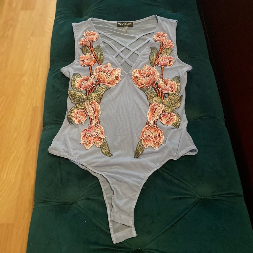 Blue Sheer Embroidered Flower Rose Bodysuit 🌹 🌸